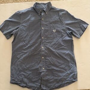 Chaps Short Sleeve Vintage Navy and White Checkered Button Down Shirt